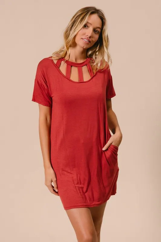 Front Cutout Mini Tee Dress with Pockets
