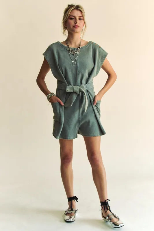 Acid-Washed Waffle Knit Cuffed Sleeves Romper