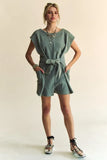 Acid-Washed Waffle Knit Cuffed Sleeves Romper