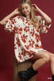 Floral Tie-Neck Babydoll Dress with Contrast