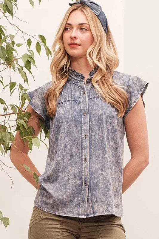 Mineral Wash Flutter Sleeve Button Down Shirt