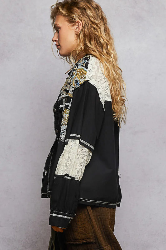 Baroque Embroidered Vintage-Inspired Denim Jacket with Raw Hem