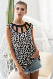 Leopard Printed Soft Rib Knit Front Sut Out Top