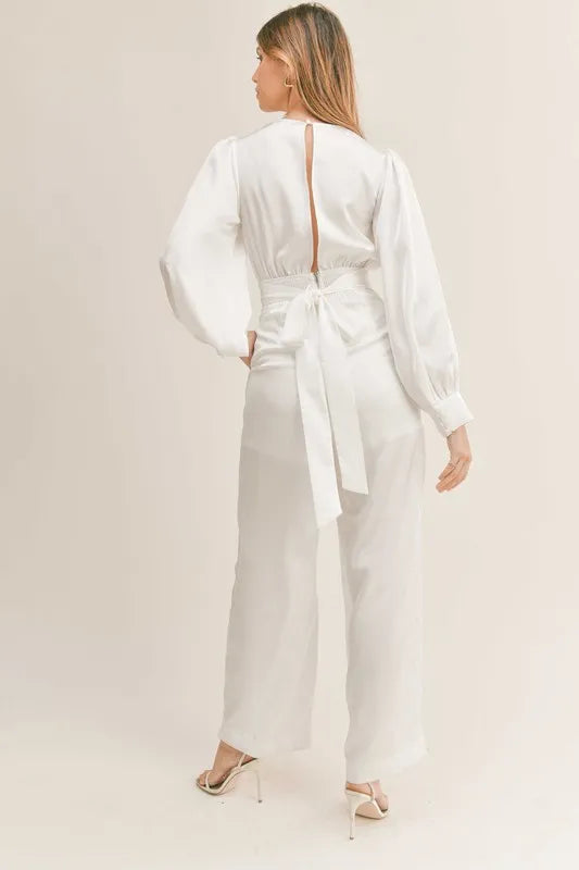Long Sleeve Deep V Neck Satin Jumpsuit