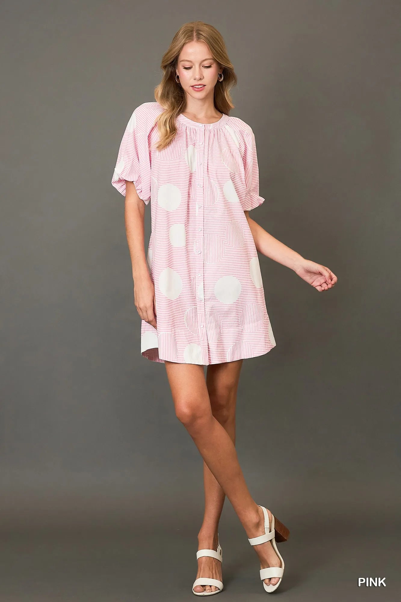 Puff Sleeve Mini Dress with Stripe and Dot Patterns