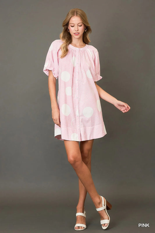 Puff Sleeve Mini Dress with Stripe and Dot Patterns