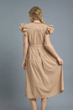 Flutter Sleeve Midi Dress with Lace Trim Accents