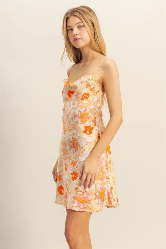 Floral Cowl Neck Flirty Satin Mini Dress