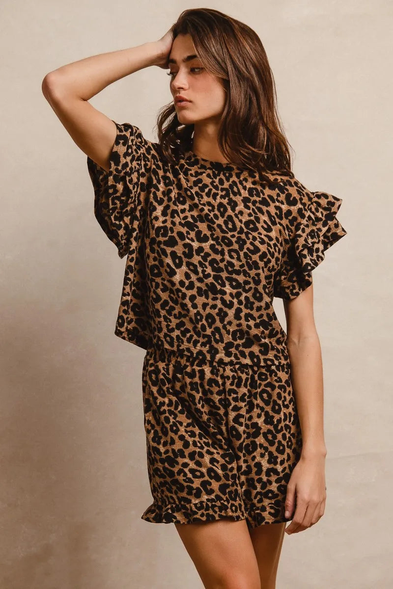 Waffle Texture Leopard Pattern Ruffle Sleeve Top and Shorts Ensemble