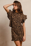 Waffle Texture Leopard Pattern Ruffle Sleeve Top and Shorts Ensemble