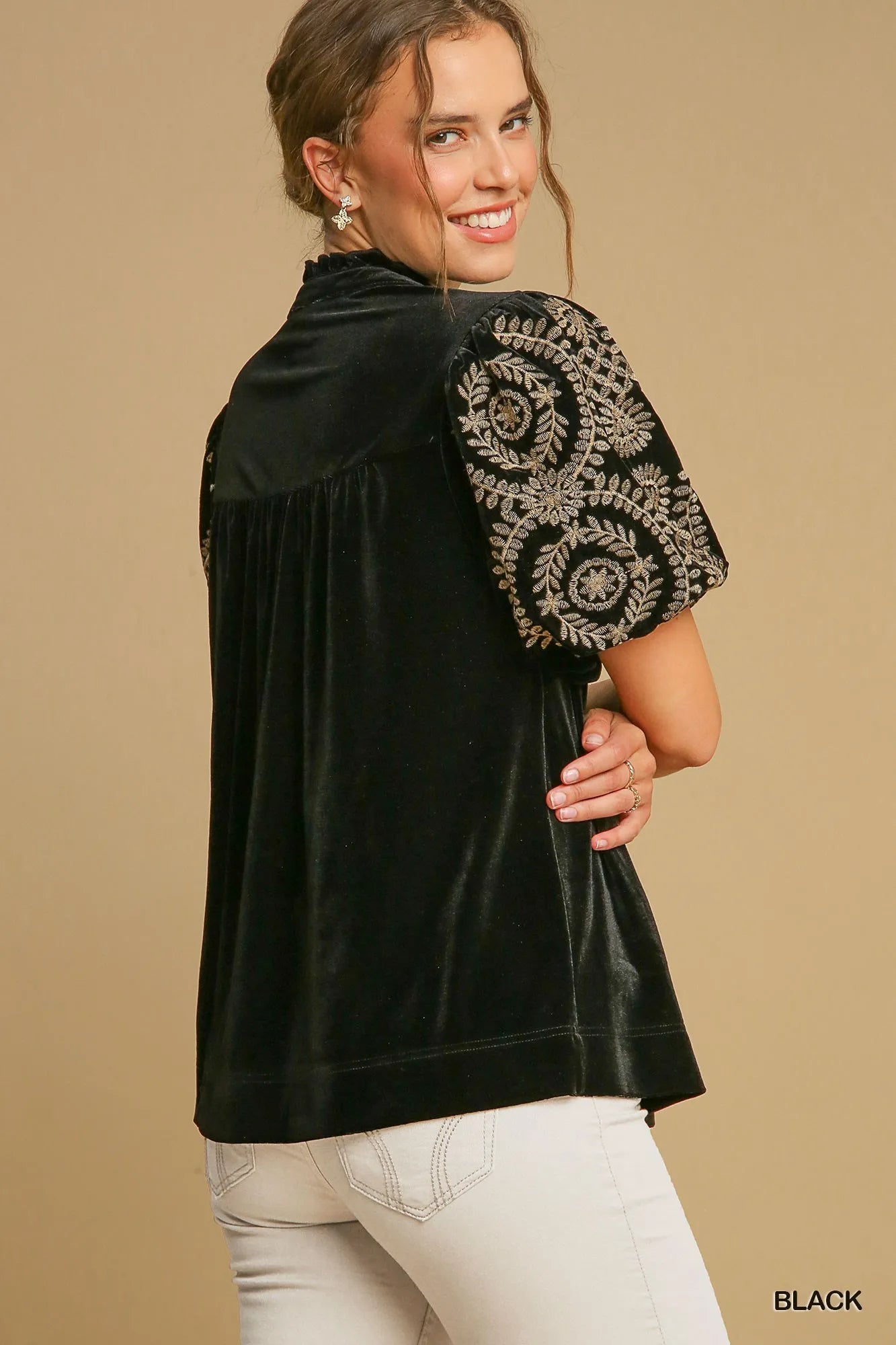Velvet Blouse with Elegant Embroidered Sleeves