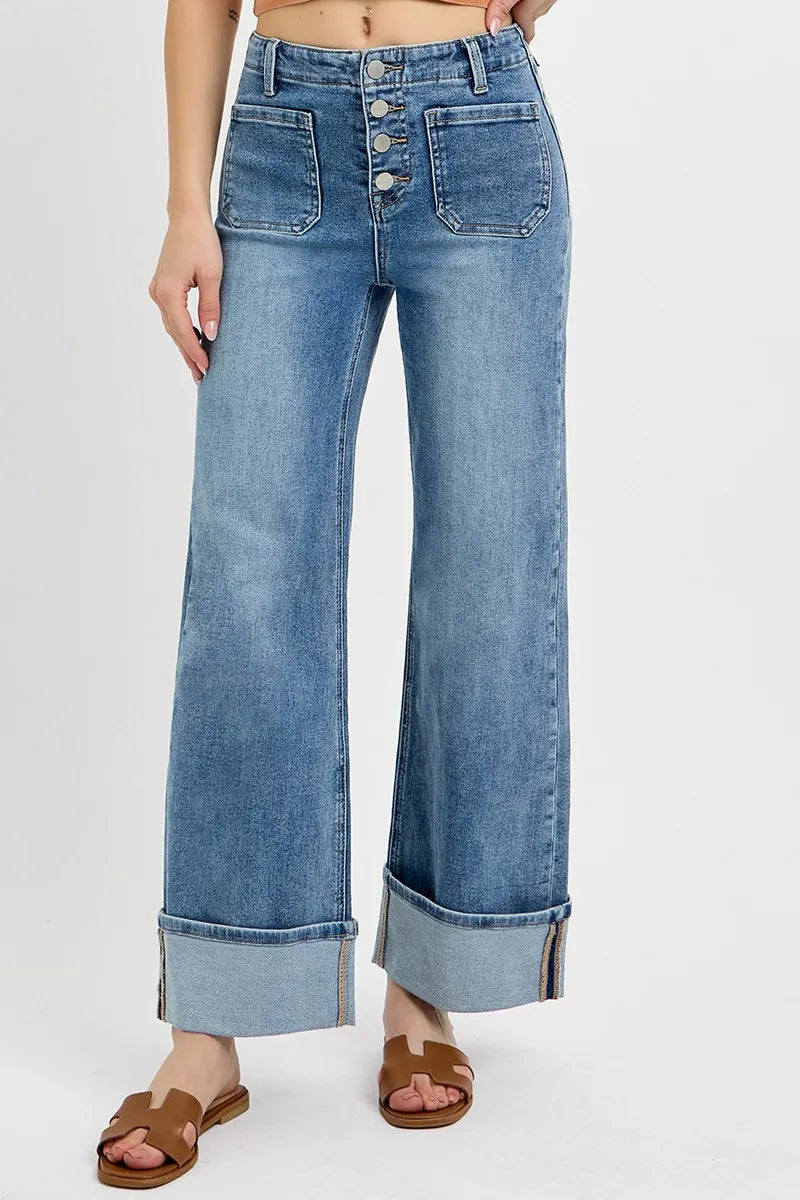 High Waisted Cuffed Wide Leg Button Fly Patch Jeans