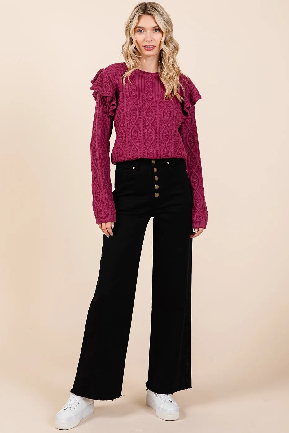 Twill High Waisted Button Fly Wide Leg Pants
