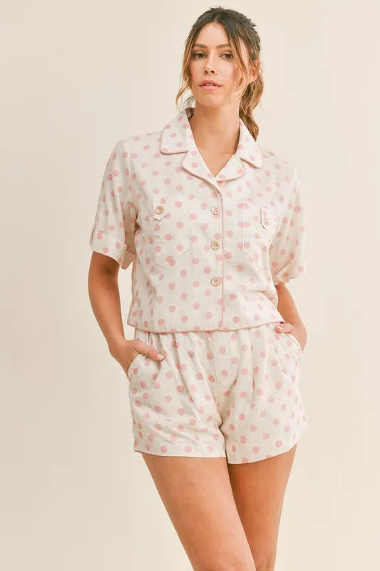 Polka Dot Collar Crop Top and Short Lounge Set