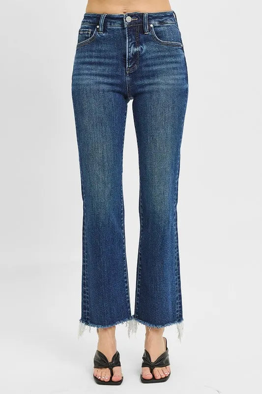 Tummy Control High Rise Crop Straight Raw Cut Hem Jeans