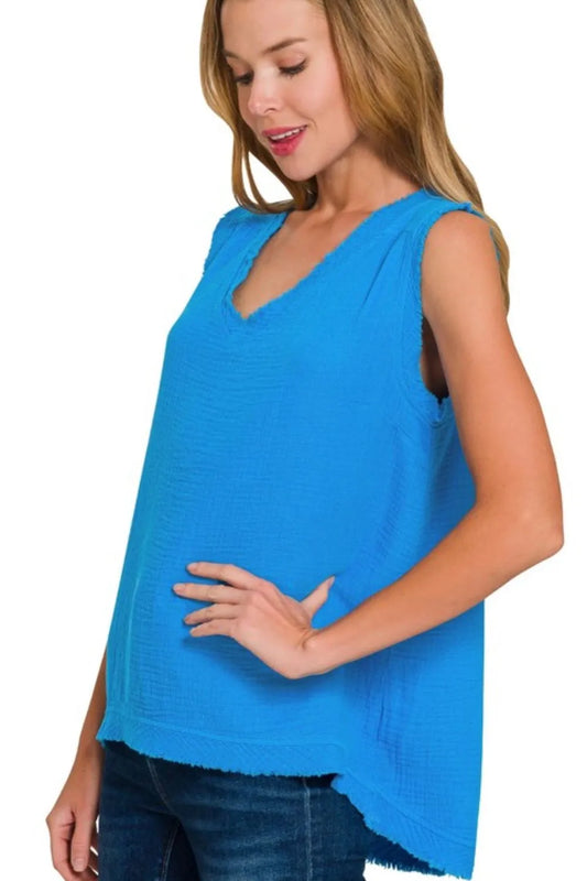 Double Gauze Raw Edge V-Neck Tank