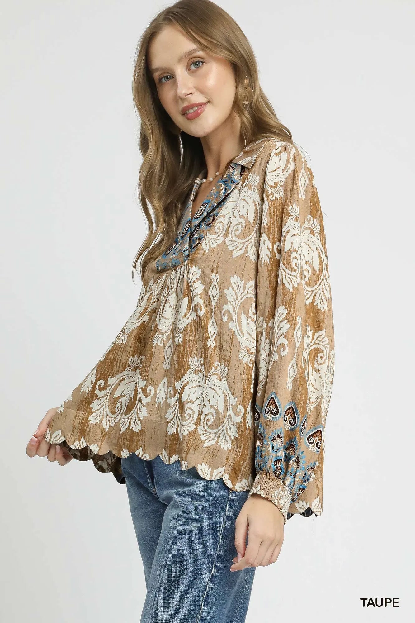 Scalloped Hem Floral Boho Blouse