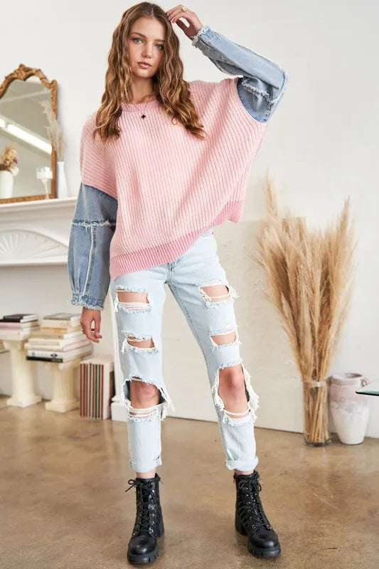 Plus Size Frayed Denim Sleeve Sweater Top