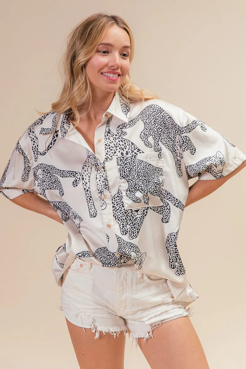 Leopard Print Short Sleeve Silky Satin Shirt Top