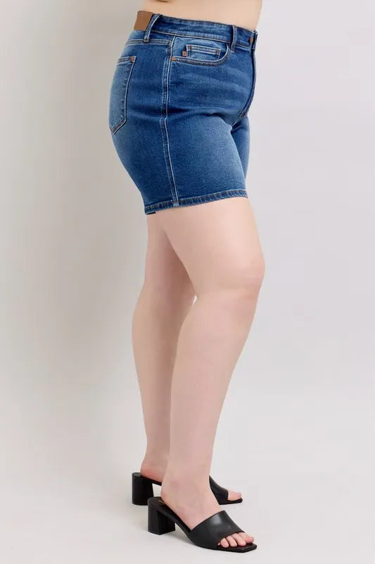 Full Size 2 Button Mid Length Dad Denim Shorts Plus Size