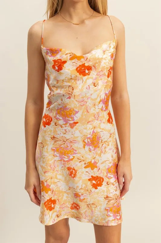 Floral Cowl Neck Flirty Satin Mini Dress