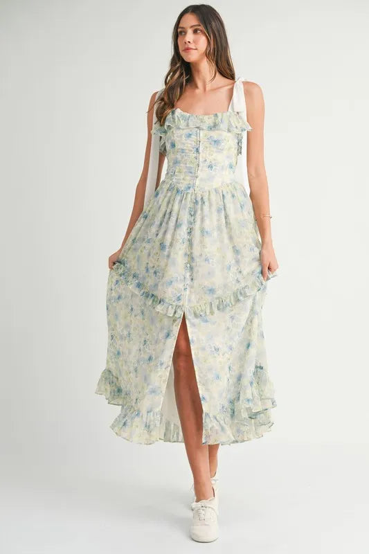 Floral Printed Shoulder Strap Midi Dress