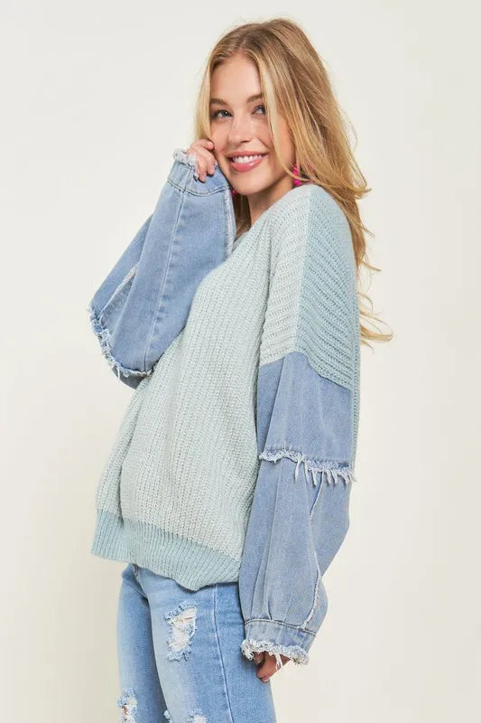 Plus Size Frayed Denim Sleeve Sweater Top