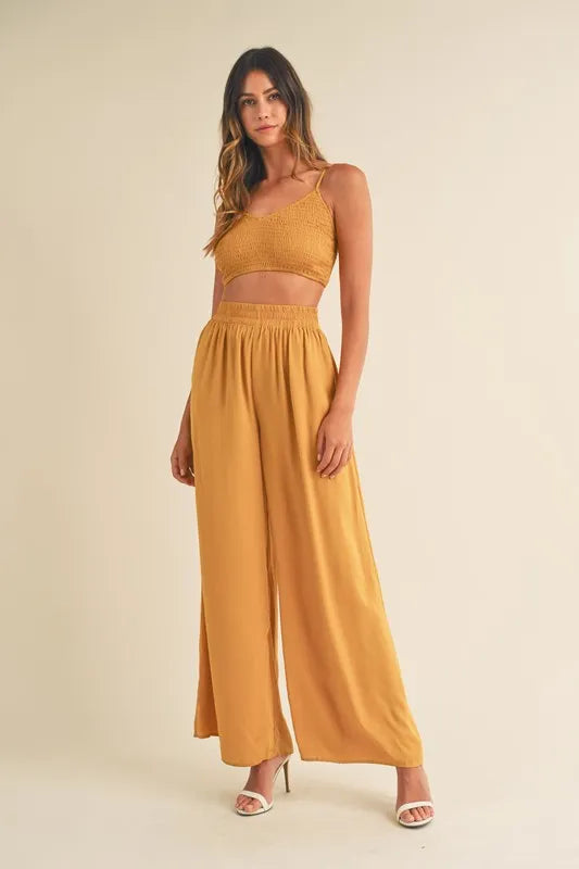 Smocked Bralette Crop Top and Wide Leg Pants Set