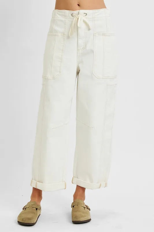 High-Waist Utility Ankle-Length Drawstring Pocket Jeans