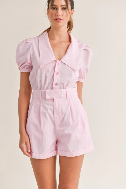 Striped Puff Sleeve Collared Neck Romper