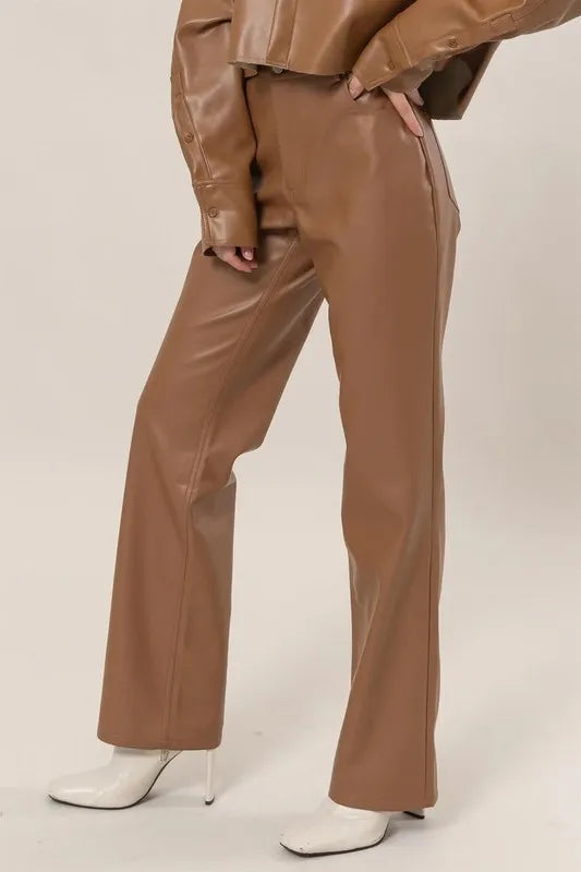 PU High Waist Straight Pants
