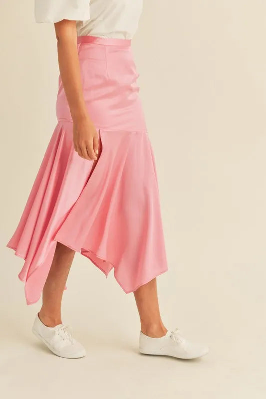 Satin Handkerchief Asymmetrical Hem Midi Skirt