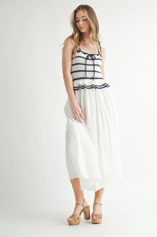 Crochet Stripe Knit Eyelet Mix Midi Dress