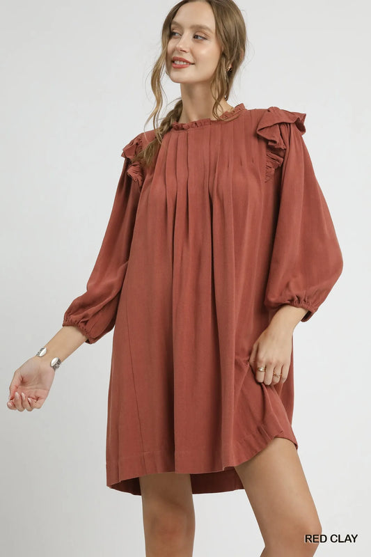 Ruffle-Shoulder Linen Pleated Babydoll Dress