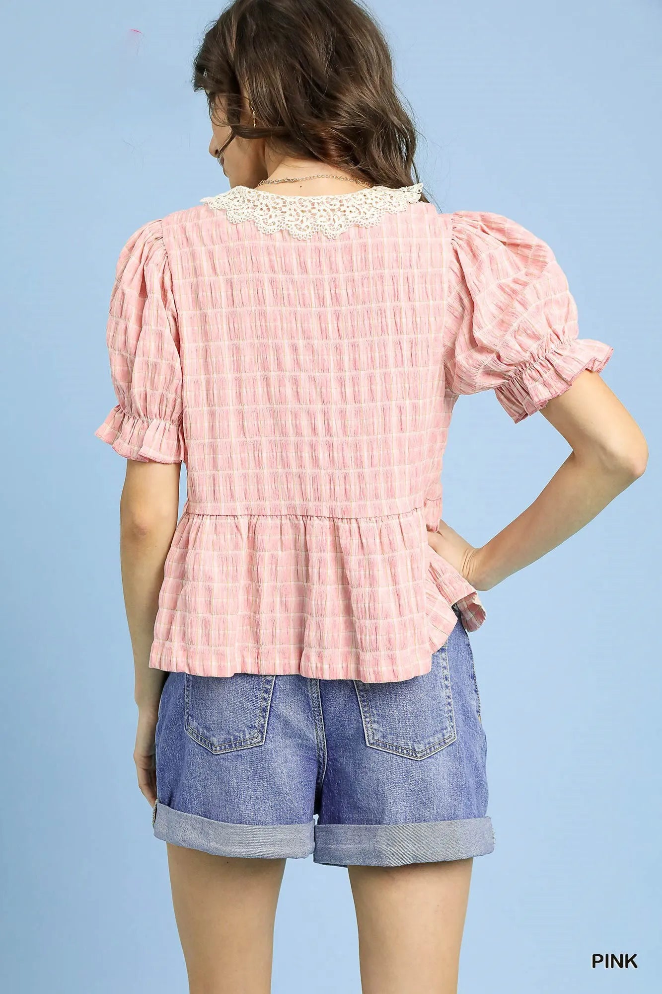 Gingham Lace Peplum Blouse with Puff Sleeves