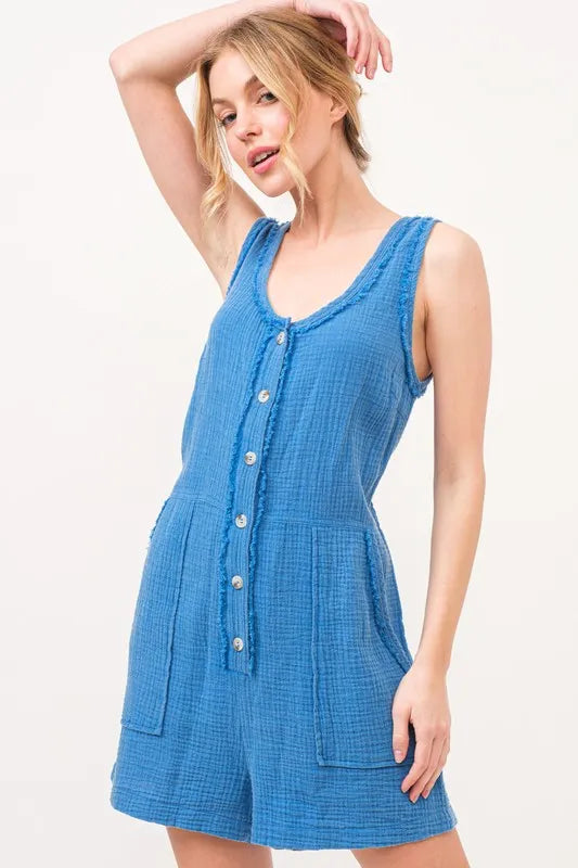 Washed Gauze Front Button Down Romper