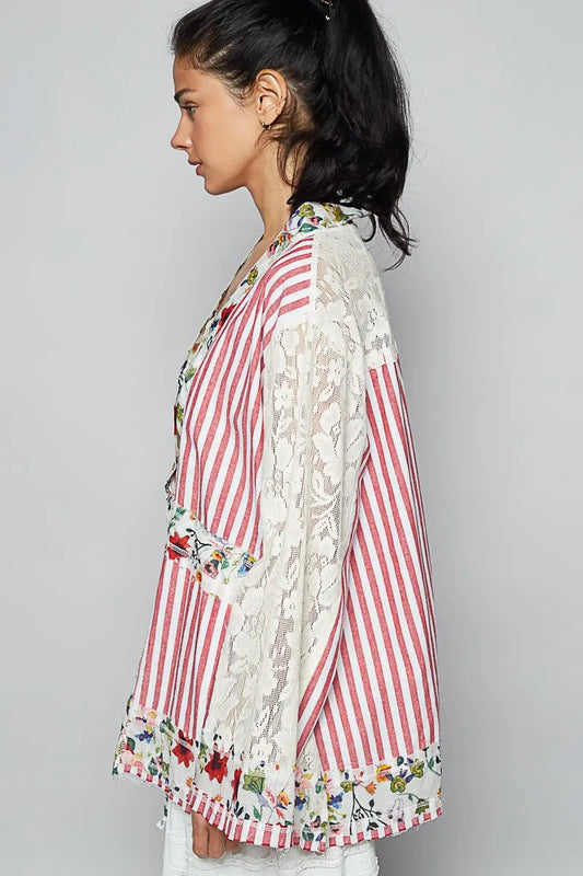 Floral Patch Lace Sleeve Cardigan with Striped Design