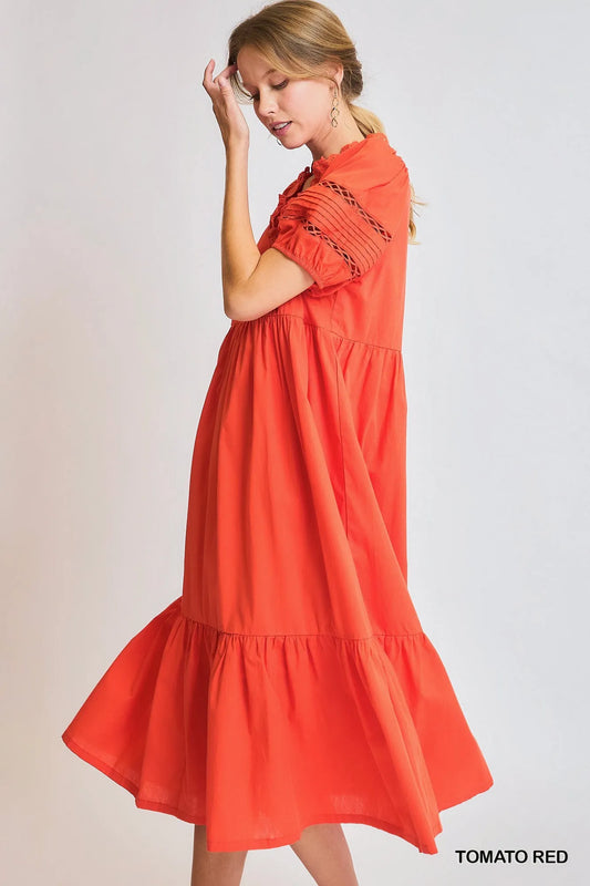 Puff Sleeve Lace-Trim Tiered Midi Dress