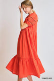 Puff Sleeve Lace-Trim Tiered Midi Dress