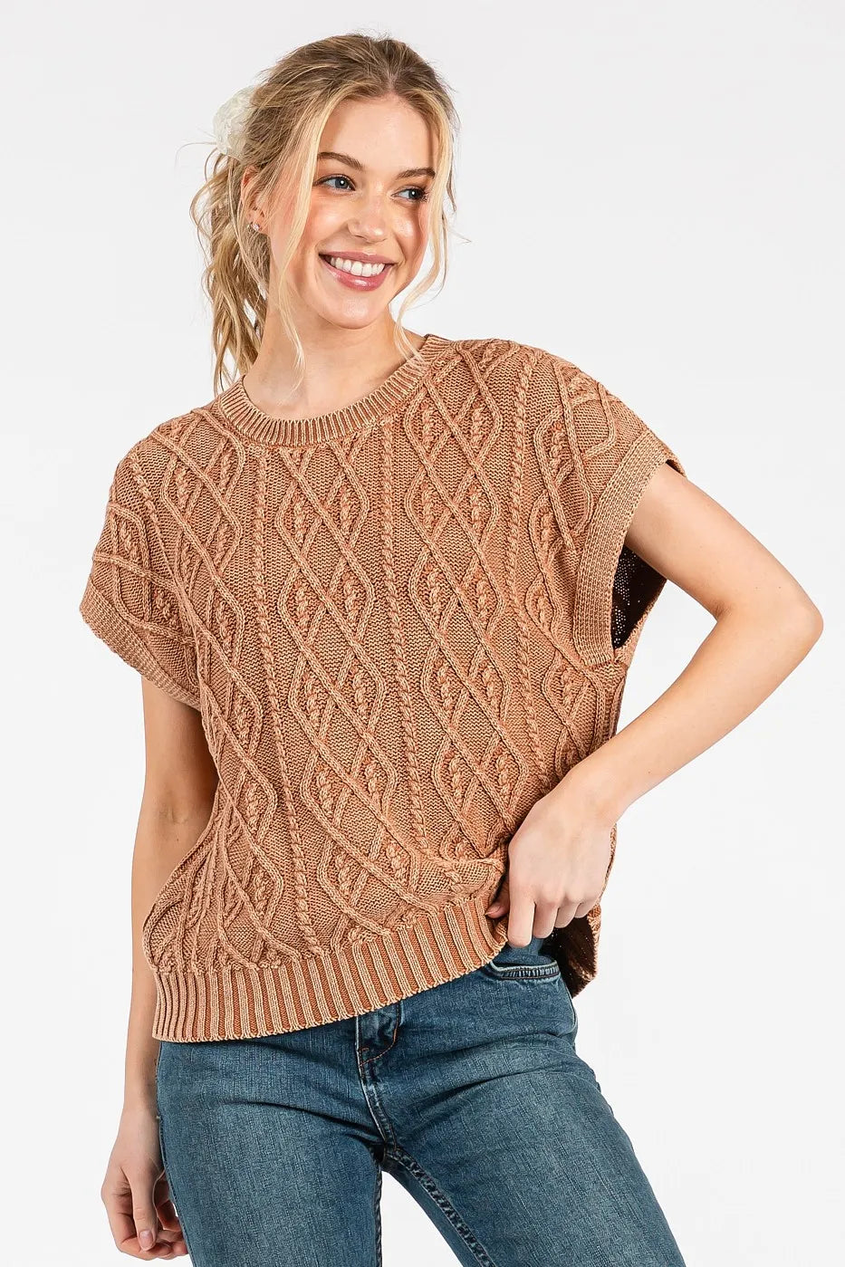 Mineral Wash Cap Sleeve Cable Knit Sweater Top