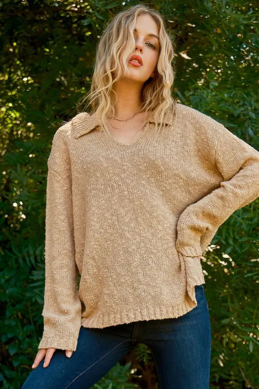Textured Basic Collar Neck Sweater Pullover