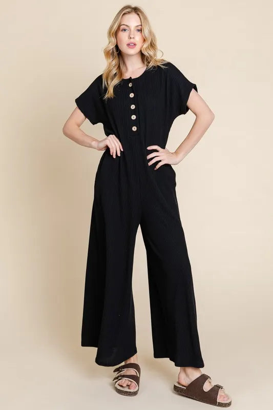 Rib Knit Jumpsuit with Button Detail