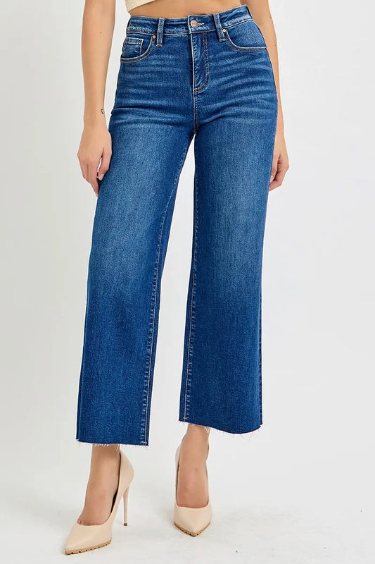 Full Size High Rise Tummy Control Wide Crop Jeans