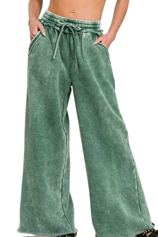 Acid Wash Fleece Palazzo Sweatpants with Pockets