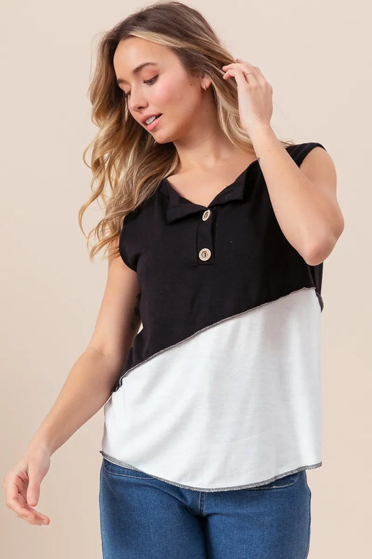 Color Block Contrast Stitching Buttoned Henley Top
