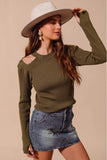 Cut-Out Shoulder Ribbed Knit Sweater