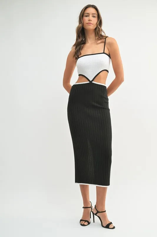 Ribbed Knit Color Block Cutout Midi Dress