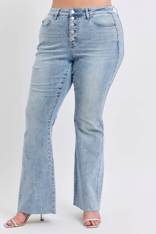 Full Size Midi Rise Rhinestone Side Panel Detail Flare Jeans Plus Size