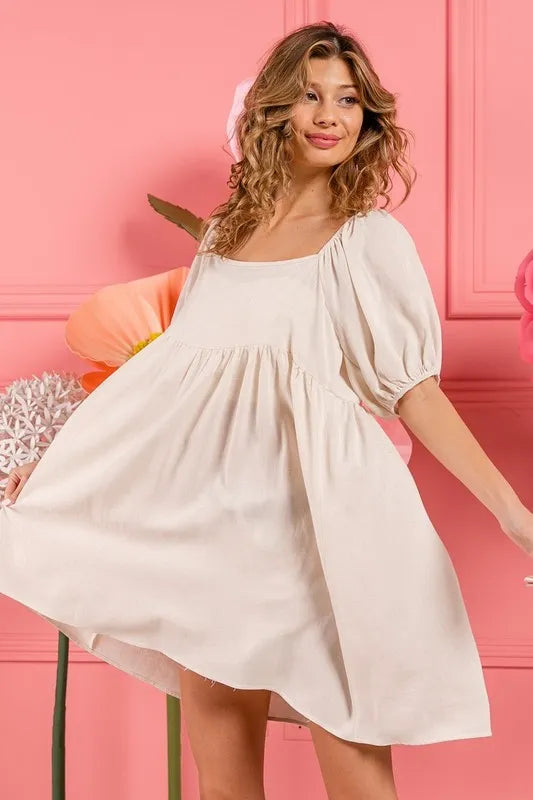 Washed Linen Tiered Midi Dress with Puff Sleeves