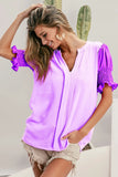 Air Flow Color Block Puff Sleeves V Neck Top